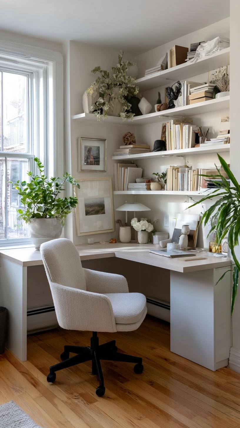 21 clever small office ideas for home and work areas 3 1. L-shaped desk installed in corner nook-0