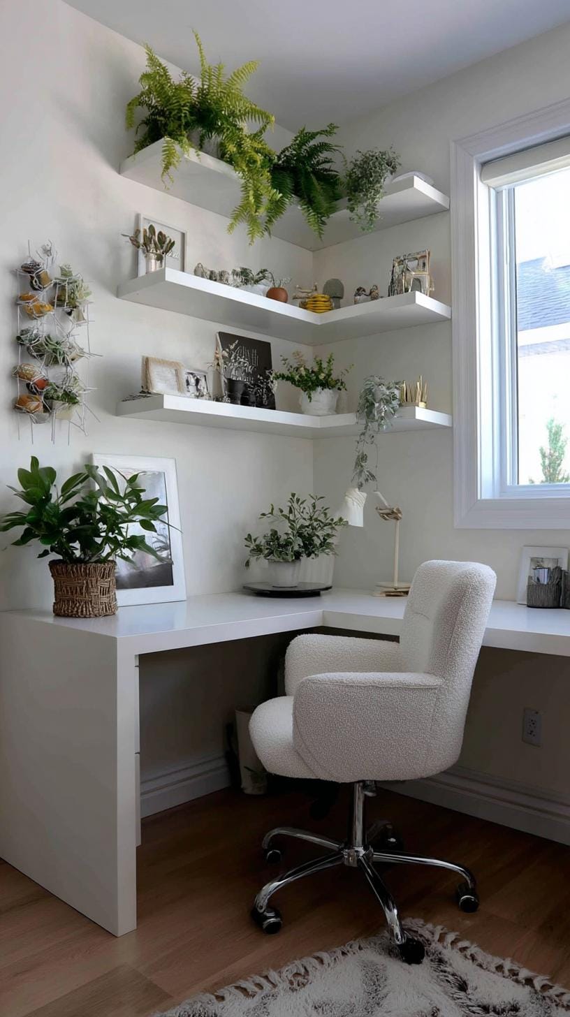 21 clever small office ideas for home and work areas 7 1. L-shaped desk installed in corner nook-4