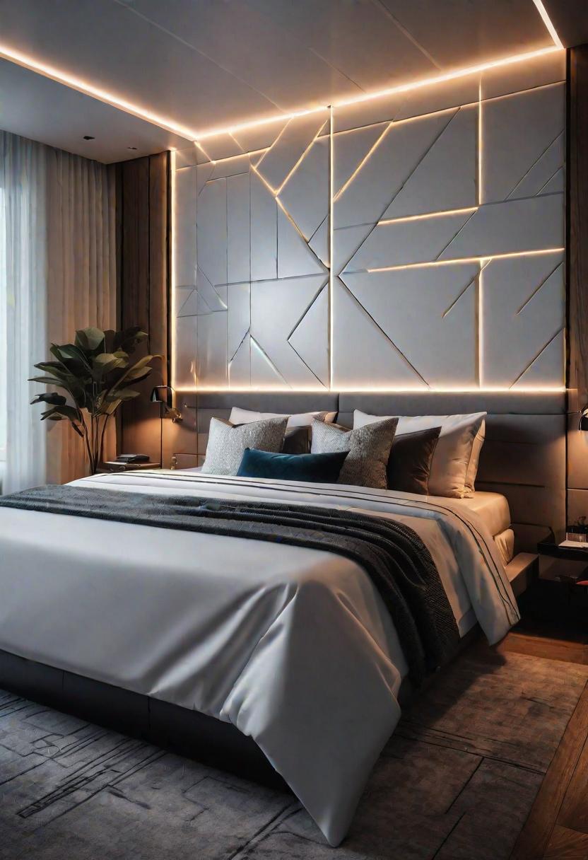 39 Modern Bedroom Designs: Where Comfort Meets Sleek Style 3 1. LED Geometric Wall Paneling-0