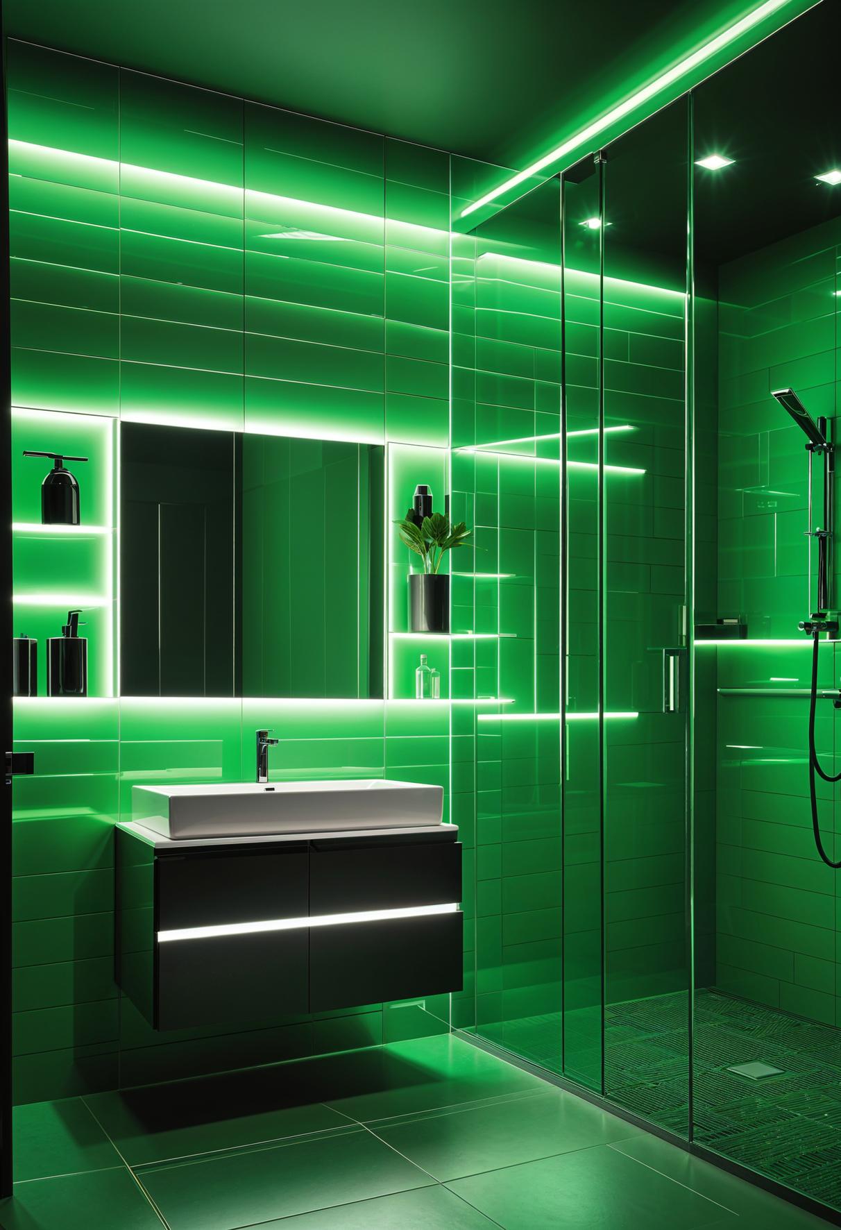 27 wunderschöne grüne Badezimmerideen für einen frischen Look 33 24. LED-Stimmungsbeleuchtung für grünes Badezimmer-0
