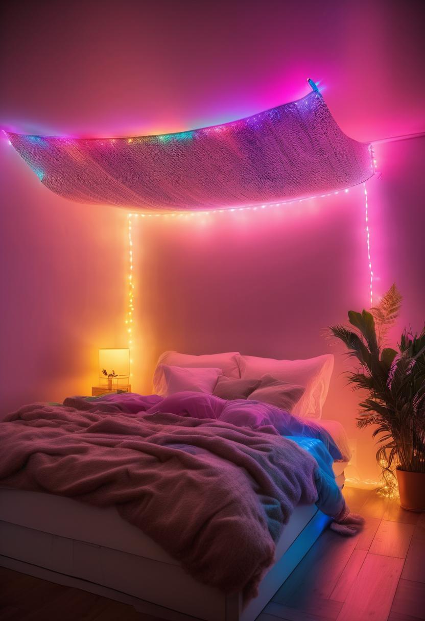 Glow Up Your Bedroom: 33 Chic and Cozy LED Aesthetic Ideas 36 33. LED Pillow Fort: Colorful Creation-0