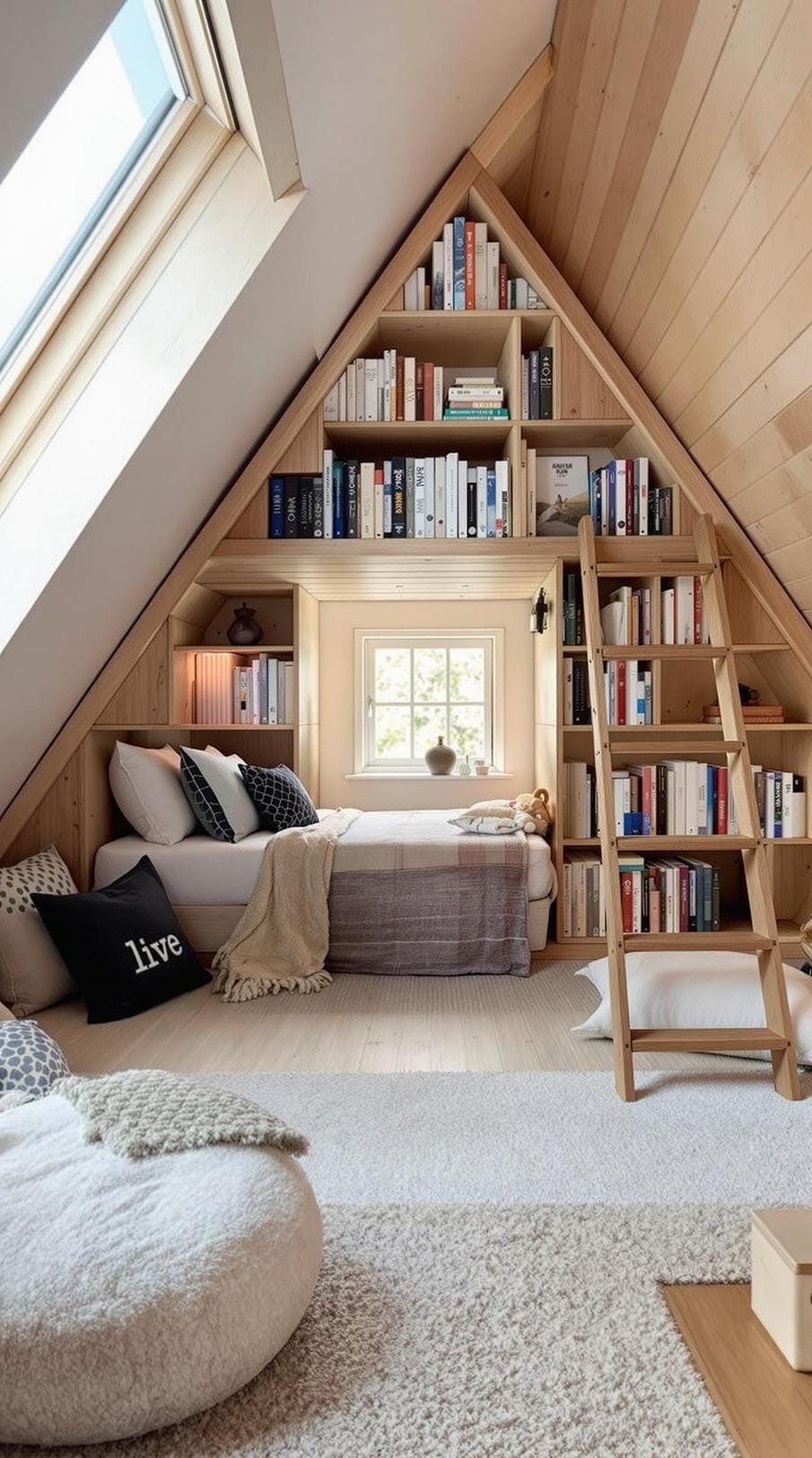 15 Genius Small attic bedroom ideas to maximize the room 41 14. Ladder-accessible library roof: Use a loft-style mini-library, which is accessible by a compact ladder