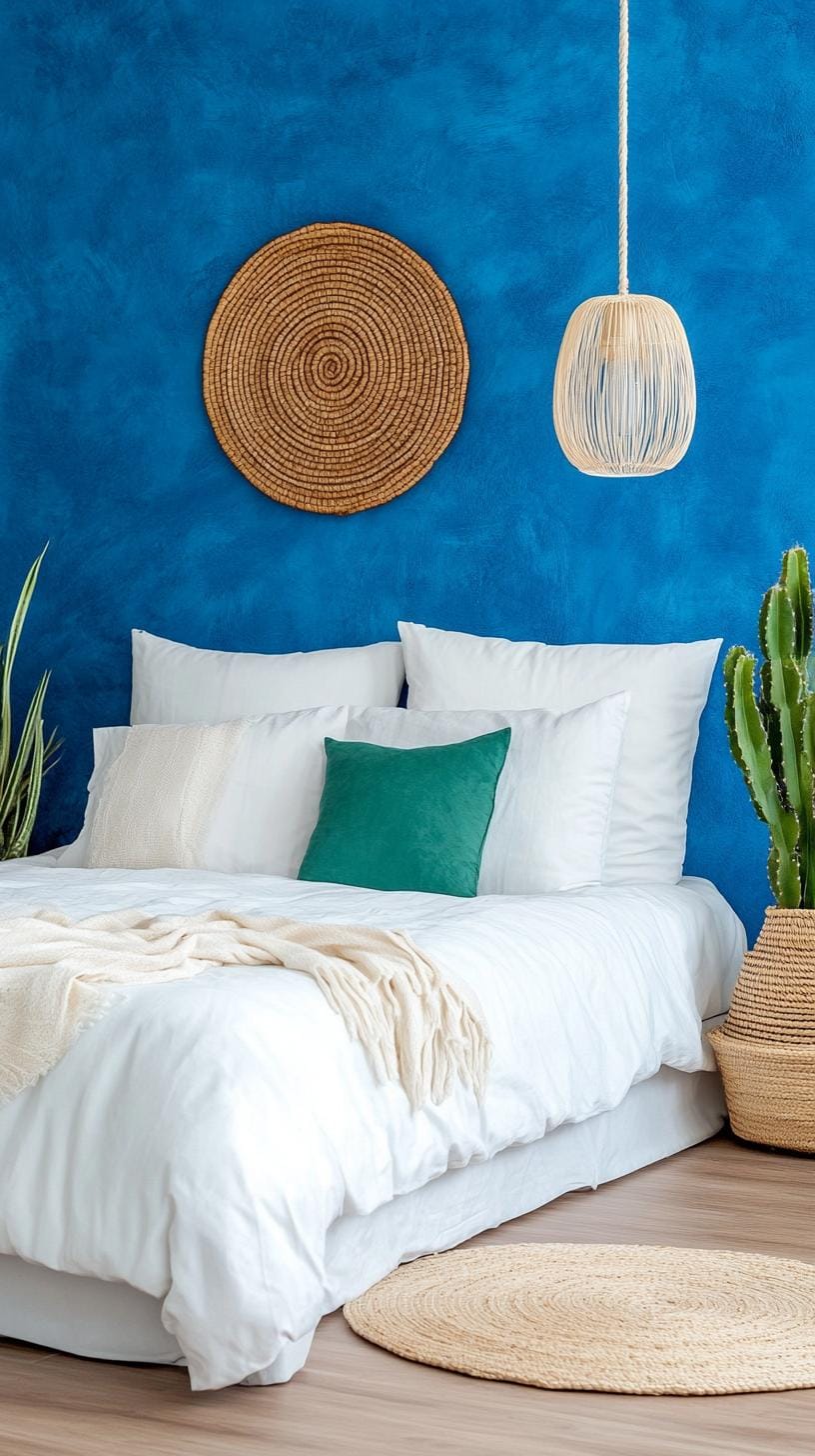 21 Best Blue Boho bedroom ideas to inspire you 66 20. Lapis Lagoon: layer Lapis color wall painting with soft lighting and cactus inspired decorations-2