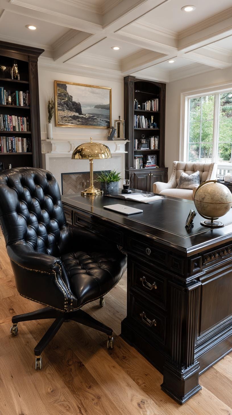 31 Home Office Ideas to Upgrade Your Work From Home Setup 30 10. Large executive desk with leather chair and bookcases-0