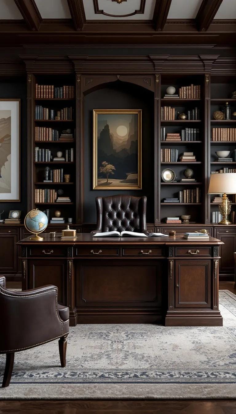 31 Home Office Ideas to Upgrade Your Work From Home Setup 31 10. Large executive desk with leather chair and bookcases-1