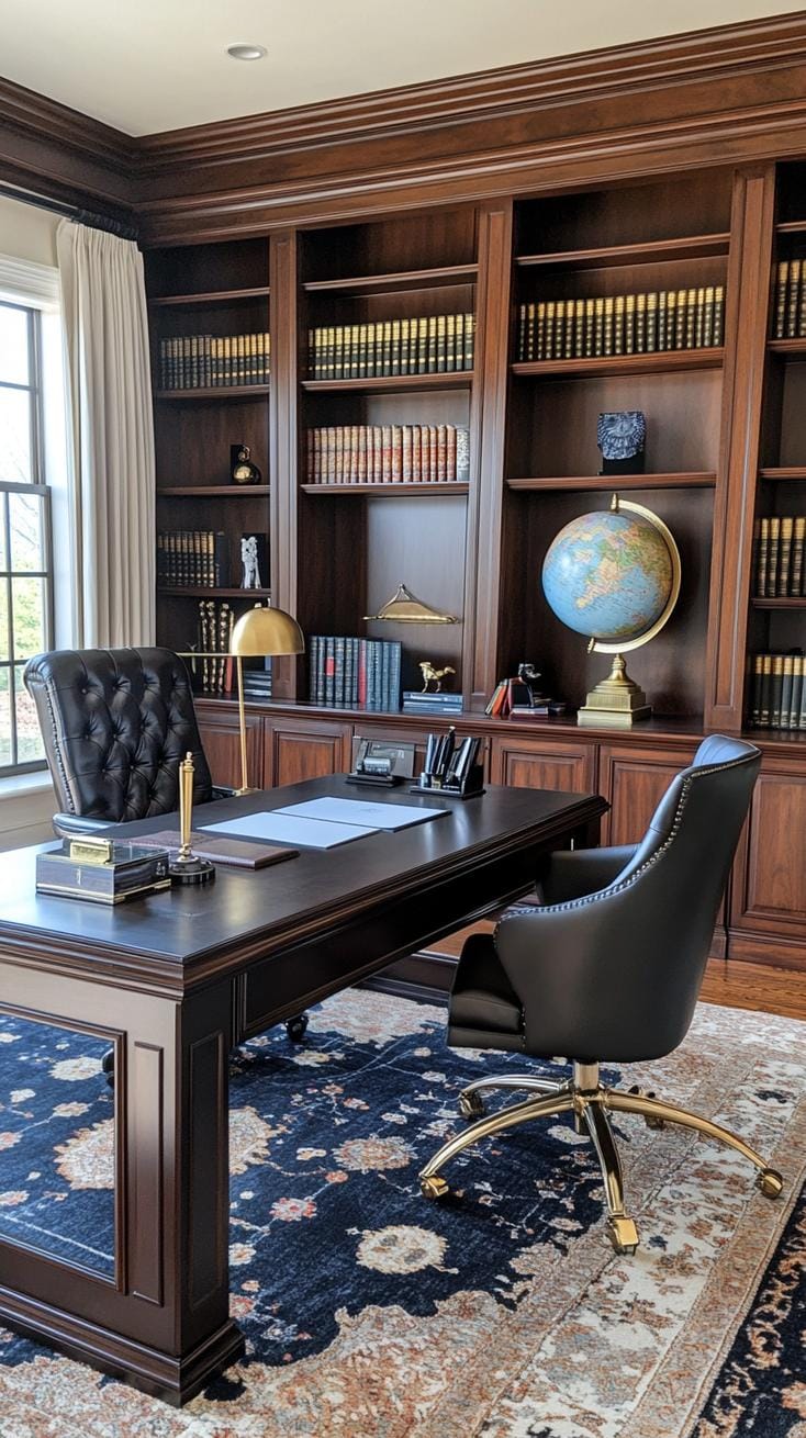 31 Home Office Ideas to Upgrade Your Work From Home Setup 32 10. Large executive desk with leather chair and bookcases-2