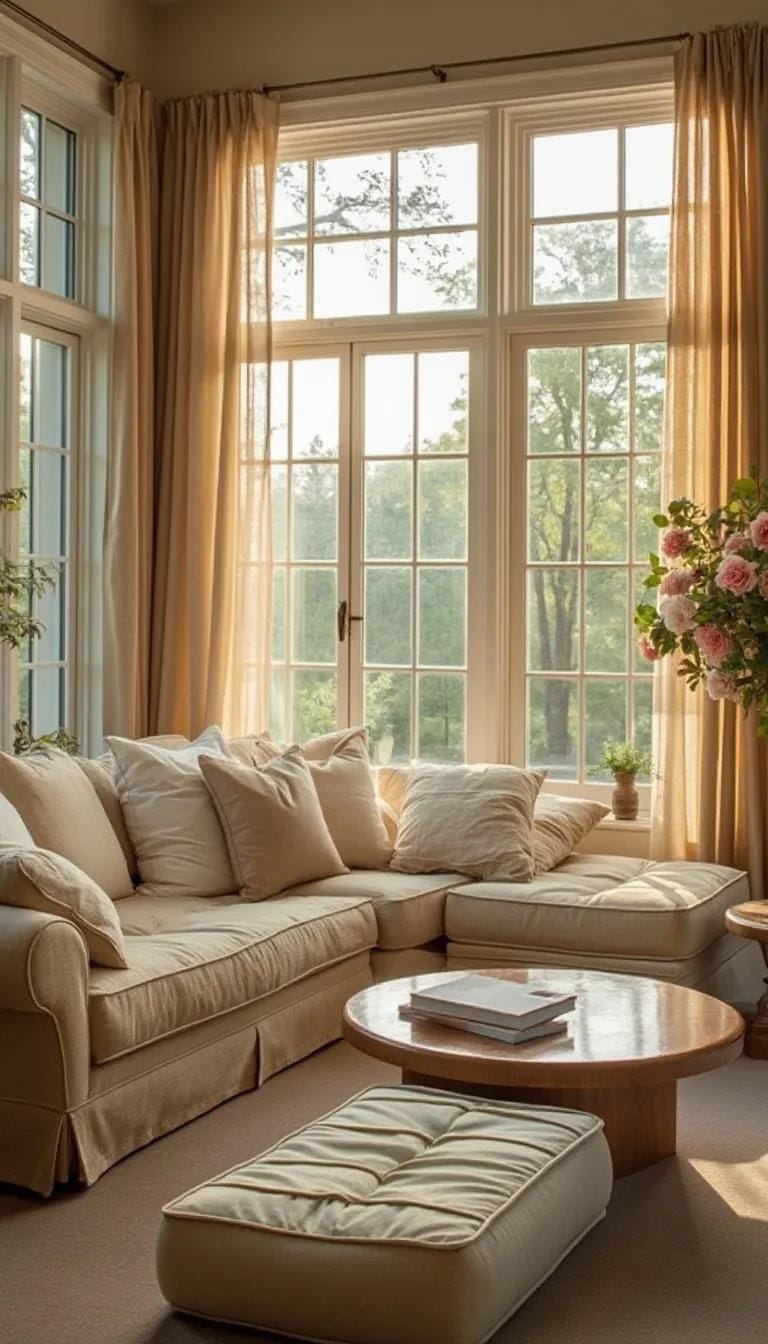 21 Cozy organic modern living room ideas for copying 38 13. Large windows with sheer linen curtains for natural light-0