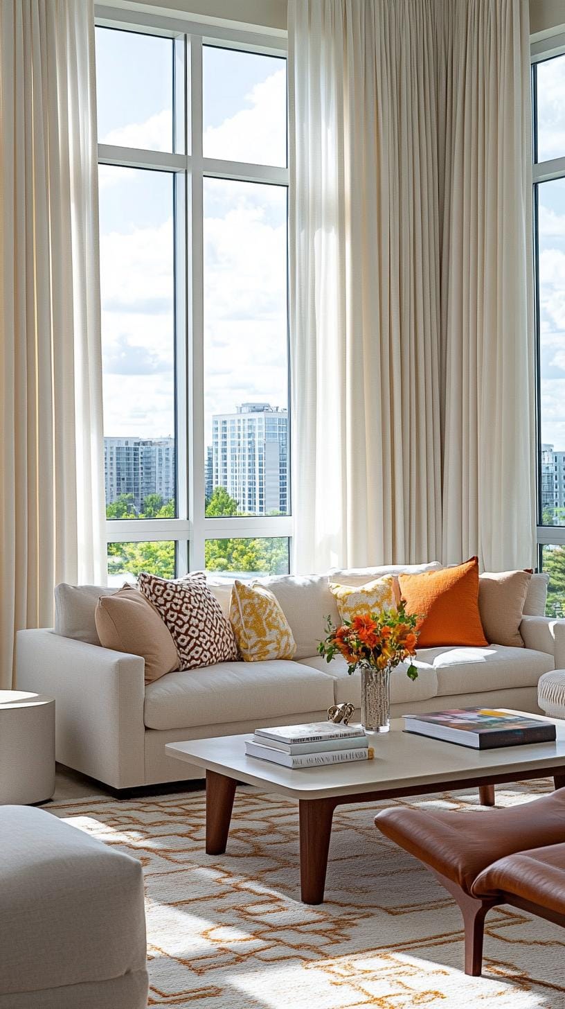 21 Cozy organic modern living room ideas for copying 40 13. Large windows with sheer linen curtains for natural light-2