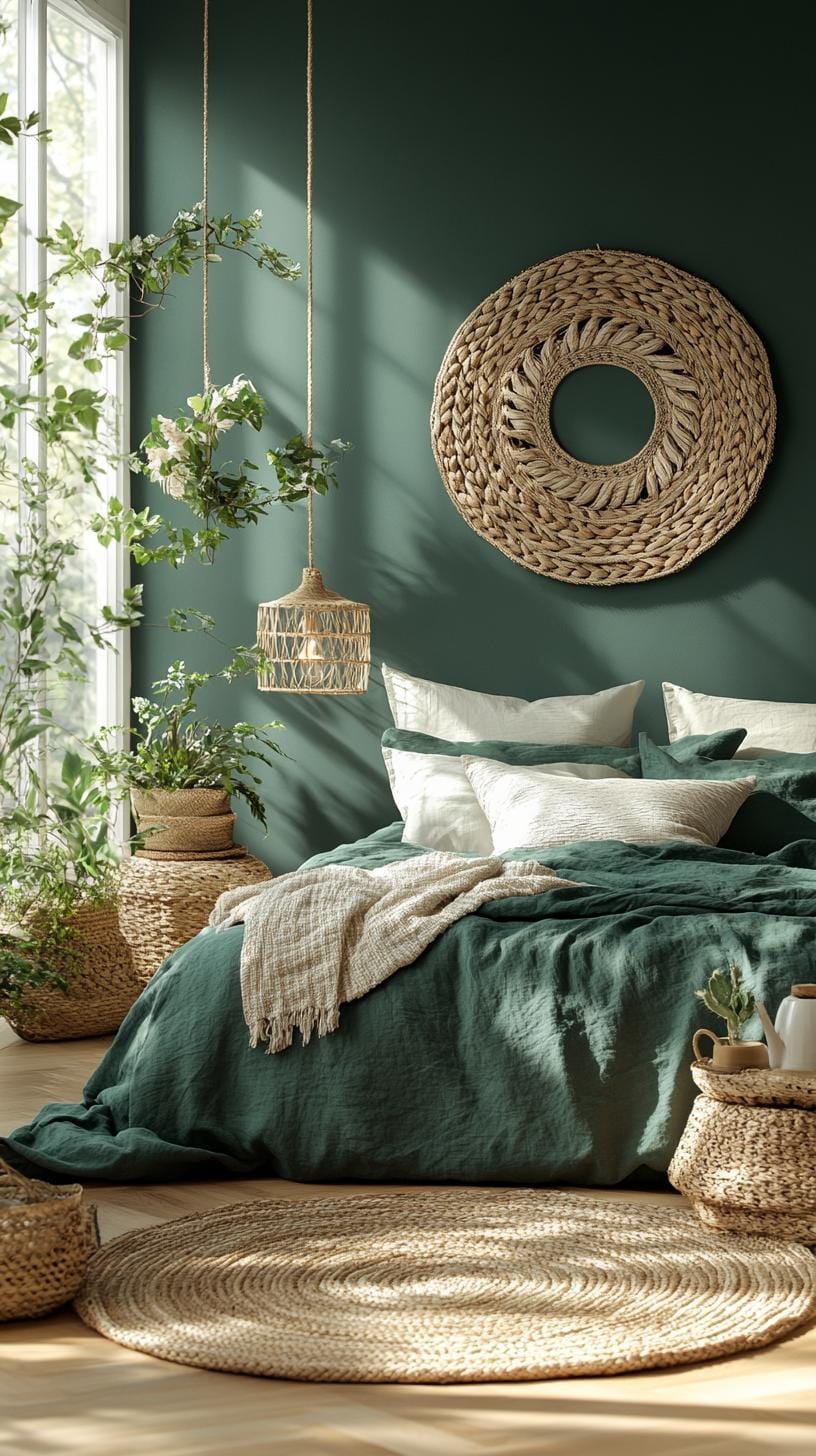 23 Atmospheric Boho bedroom ideas for copying 32 11. Large woven wall hangings above the bed in a deep green palette-0