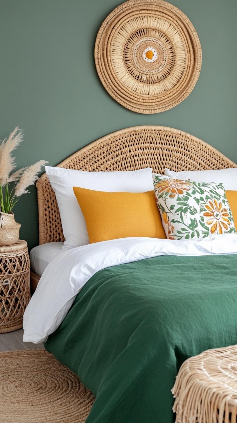 23 Atmospheric Boho bedroom ideas for copying 33 11. Large woven wall hangings above the bed in a deep green palette-1