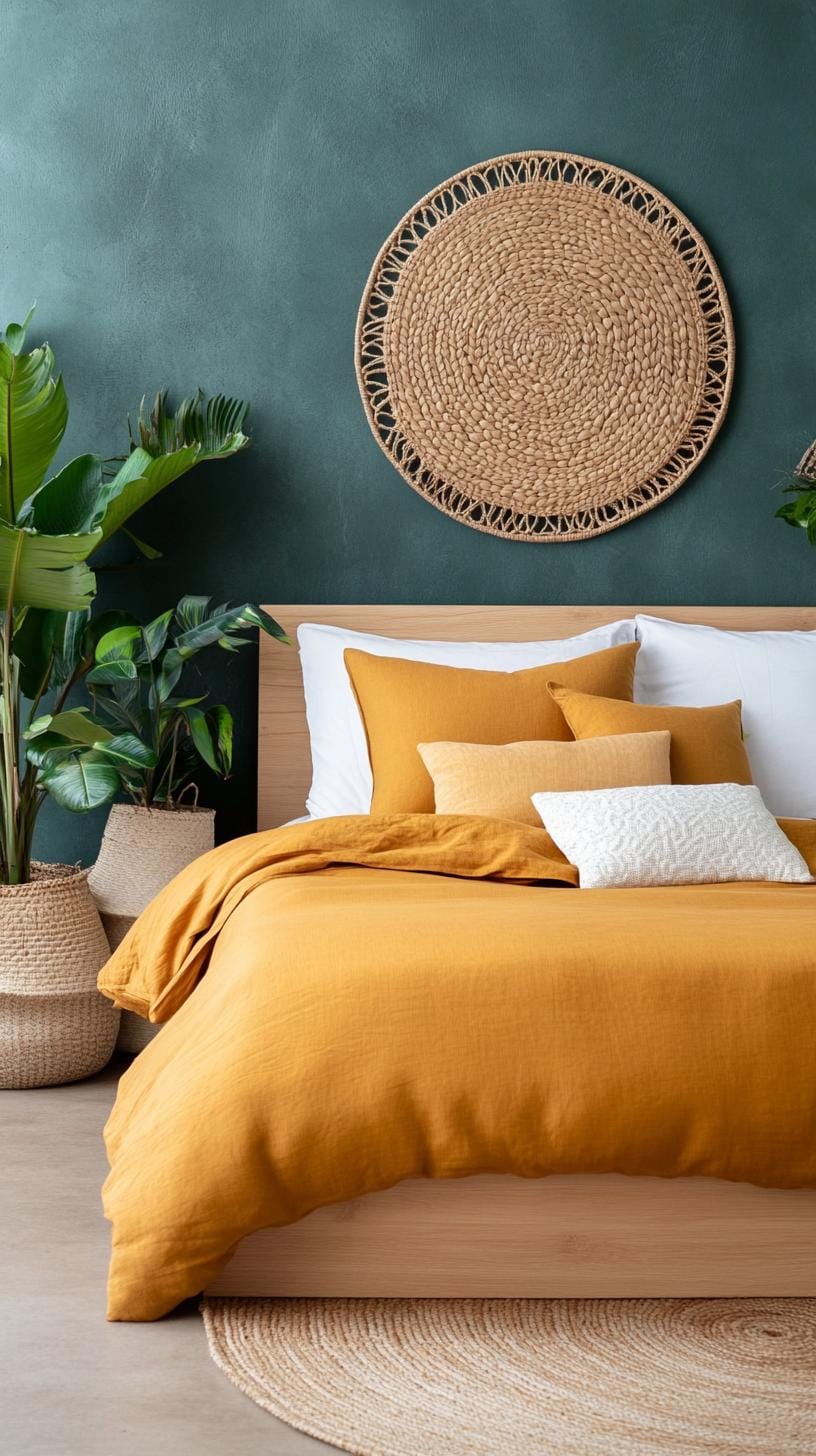 23 Recherent atmospheric Boho bedroom ideas for copying 34 11. Large woven wall hangings above the bed in a deep green palette-2