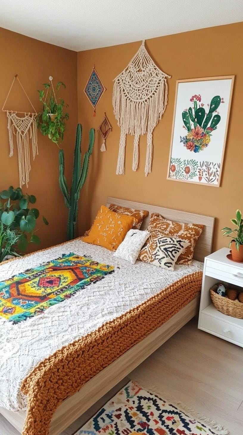 21 Breathtaking Western Boho Bedroom Ideas to inspire you 7 2. Layer cactus deductions and macramé hangings against muffled, sound-tinted walls-1