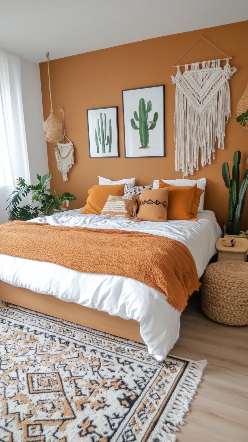 21 Breathtaking Western Boho Bedroom Ideas to inspire yourself 8 2. Shift cactus deductions and macramé hangings against muffled, sound-tinted walls-2