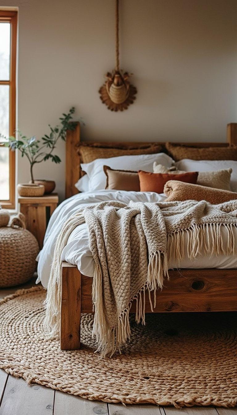 21 Breathtaking Western Boho Bedroom Ideas to inspire you 46 14. layer jute carpets together to give the dimension under a rustic, wooden bed frame with a mixture of knitting throws.