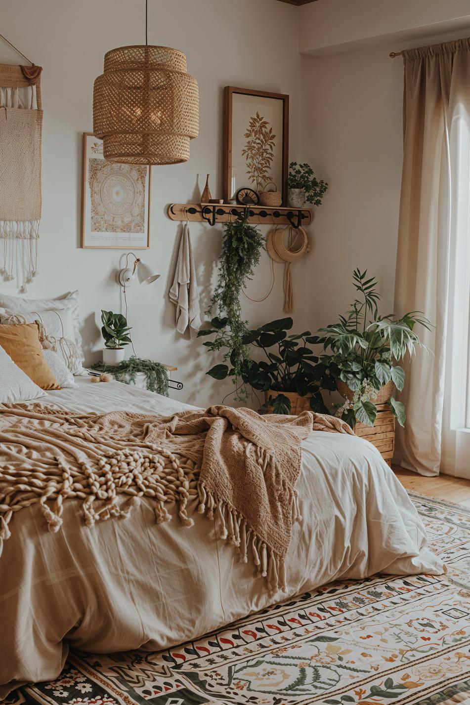 29 wunderschöne neutrale Boho -Schlafzimmer: verträumte und entspannende Räume 16 7. Layered Boho-Ästhetik-Mix-0