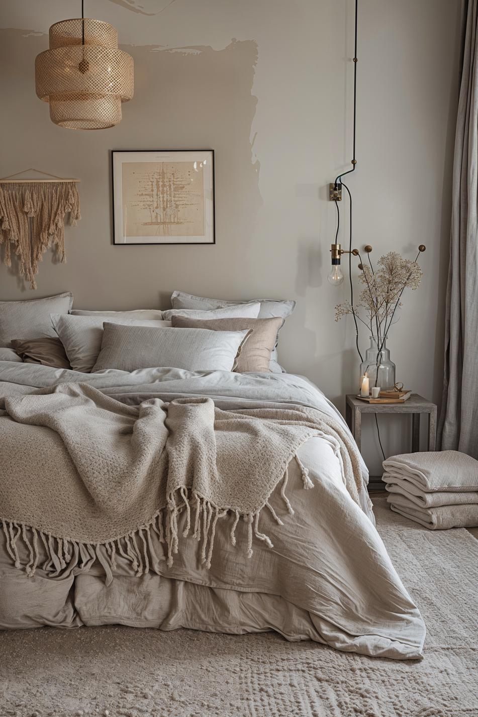 29 wunderschöne neutrale Boho -Schlafzimmer: verträumte und entspannende Räume 17 7. Layered Boho-Ästhetik Mix-1