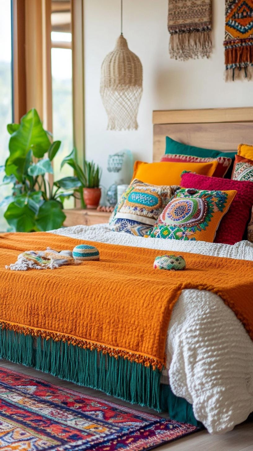 23 Modern Boho bedroom ideas that you will love immediately 63 21. Shift pillow and carpets with orange tones-1