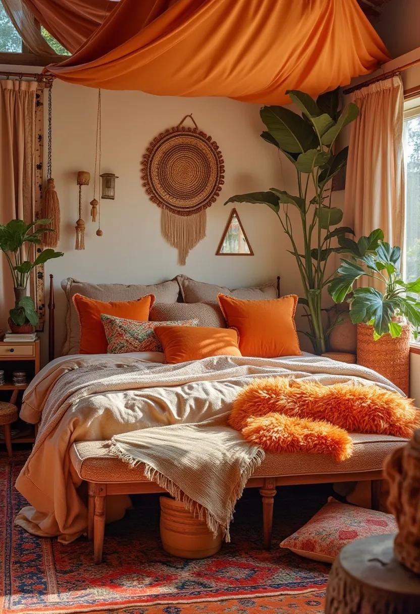 23 Modern Boho bedroom ideas that you will love immediately 64 21. Shift pillow and carpets with orange tones-2