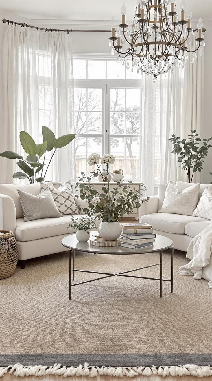 23 Einzigartige Boho Farmhouse Wohnzimmer Ideen zum Kopieren 28 9. Layered Luxe: Kombinieren Sie geschichtete Teppiche aus Jute und Wolle unter den Füßen, um die Wärme zu verbessern, und umfassen Spitzenvorhänge und ein Statement-Kronleuchter für Elegance-0