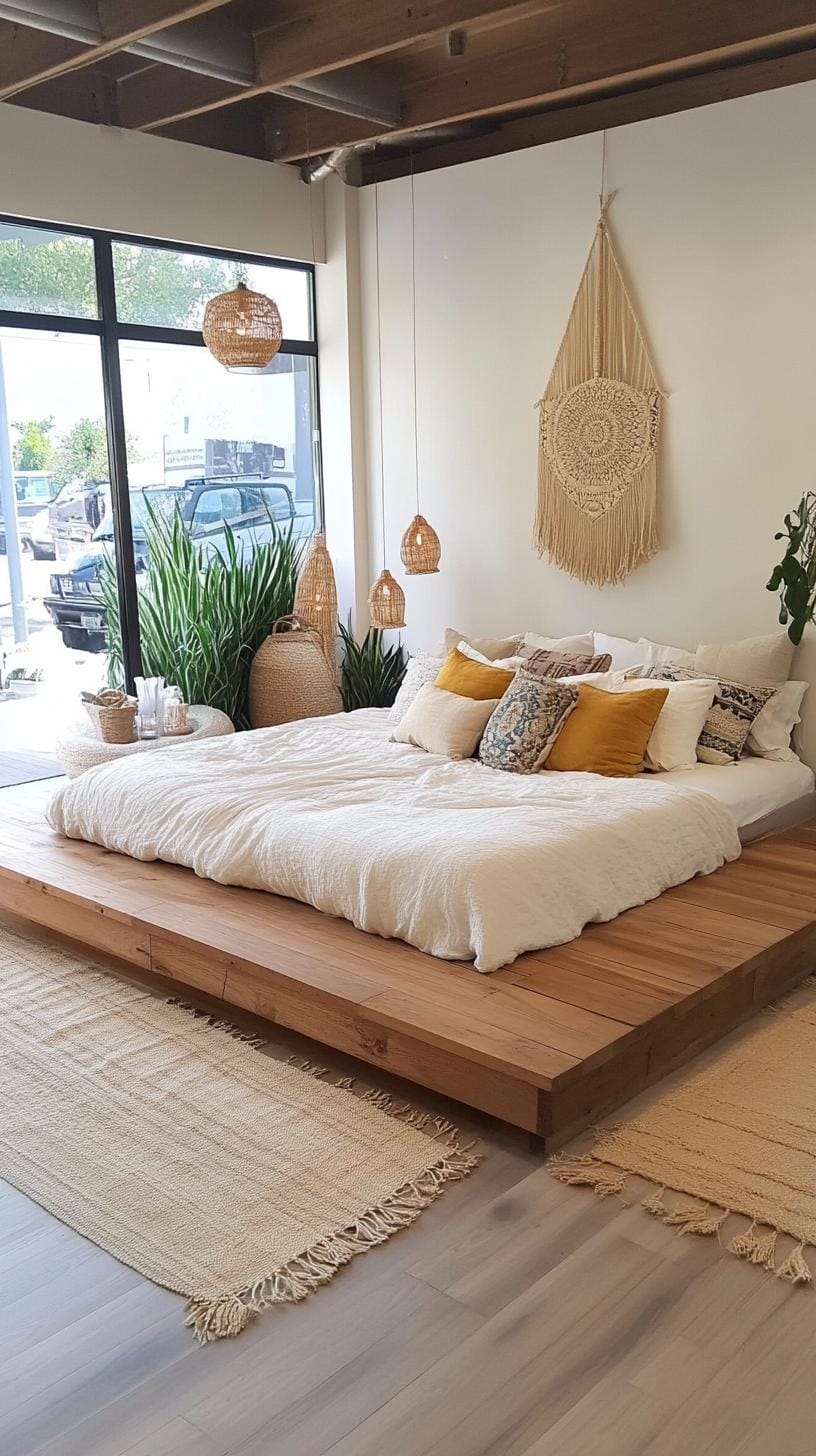 23 Modern Boho bedroom ideas that you will love immediately 6 1 .. layer neutral tones with wooden platform beds 3