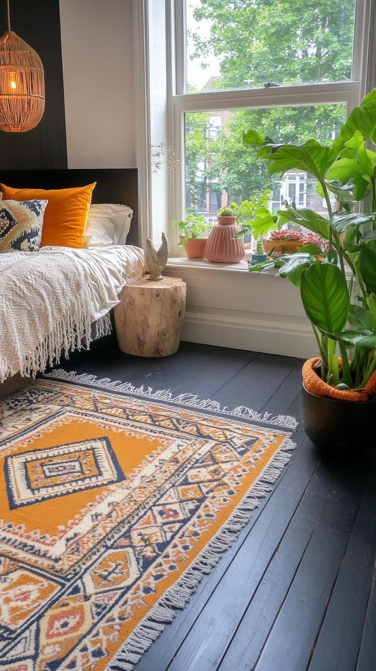 23 Recherent atmospheric Boho bedroom ideas to copy 51 17. Layered Persian carpets on dark wooden floors, Boho Textiles-0