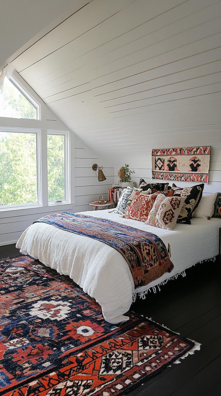 23 atmospheric Boho bedroom ideas to copy 52 17. Layered Persian carpets on dark wooden floors, Boho Textile-1
