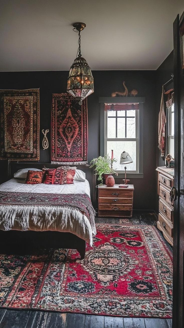23 atmospheric Boho bedroom ideas to copy 53 17. Layered Persian carpets on dark wooden floors, Boho Textile-2