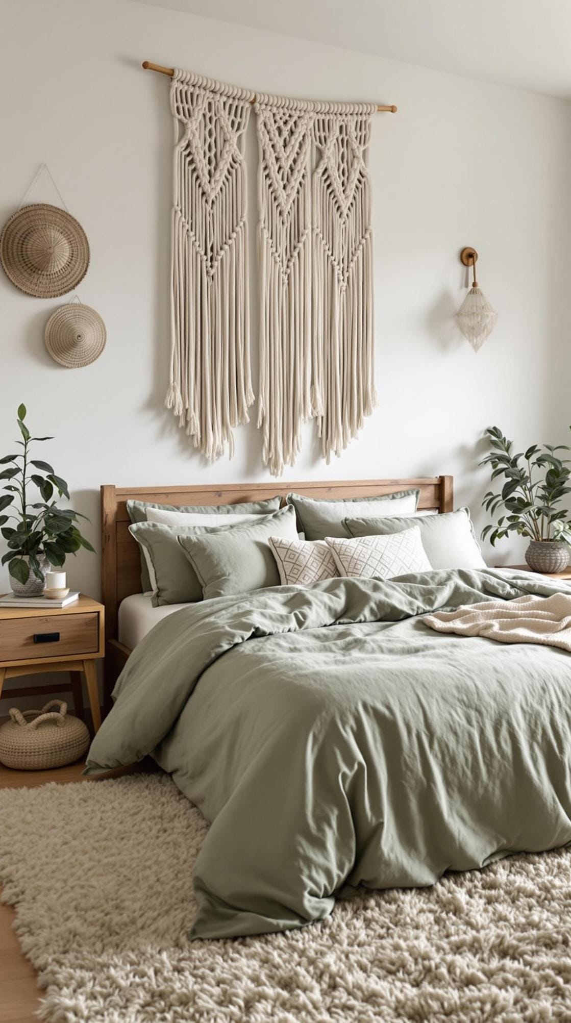 25 einzigartige Salbei grüne Boho Schlafzimmer Ideen für 2025 3 1. Schichtstruktur: Kombinieren Sie Makramé-Wandbehänge, Sage Green Leinenbettbezüge und ein zotteliger Teppich für eine erdige böhmische Vibe-0