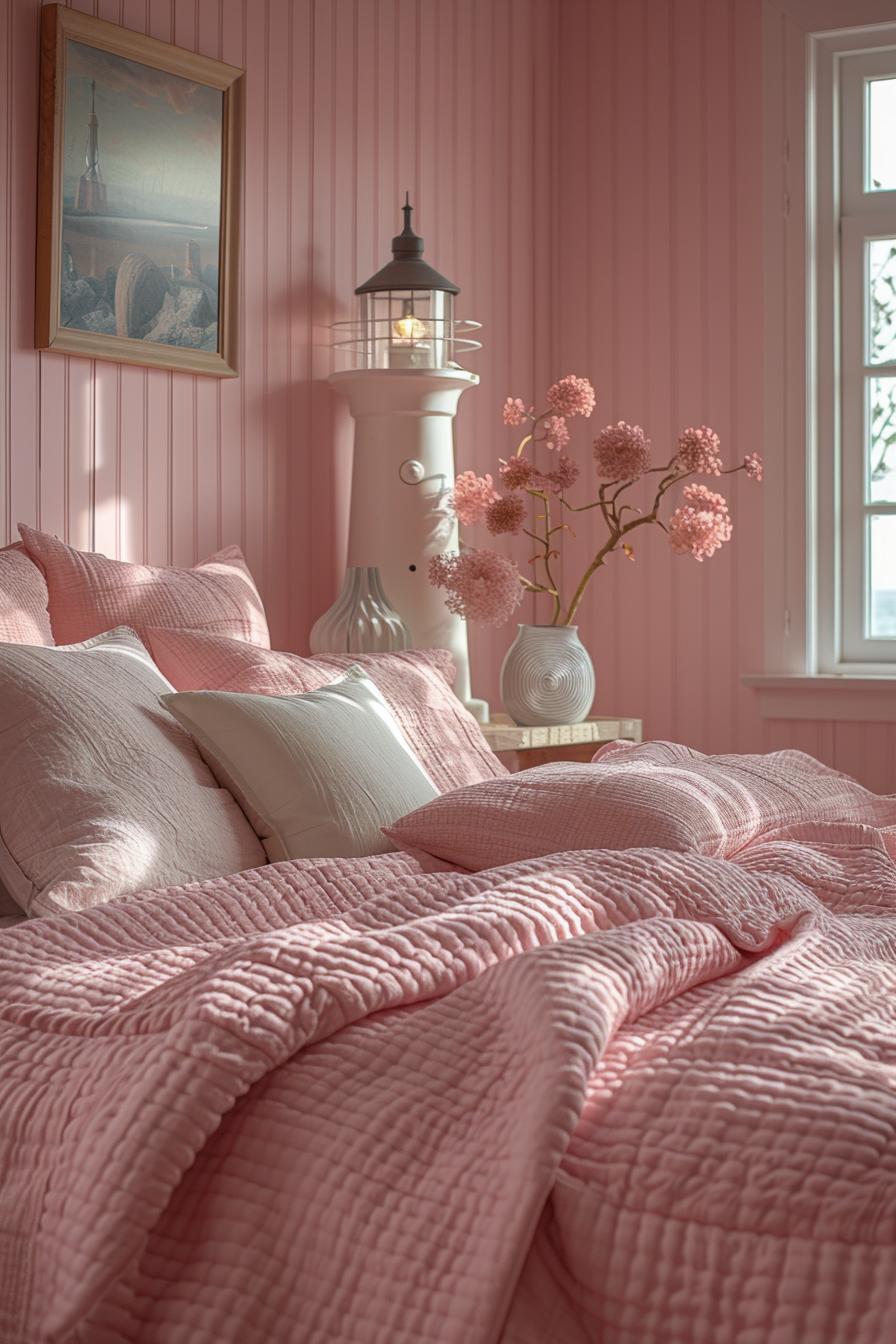15 dreamy pink coastal bedroom ideas: beach & aesthetics 42 15. Lighthouse-inspired coastal pink decor-0