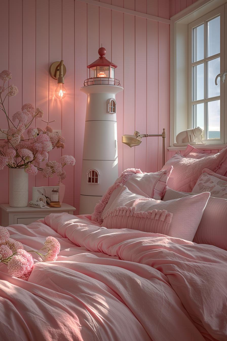 15 dreamy pink coastal bedroom ideas: beach & aesthetics 43 15. Lighthouse-inspired coastal pink decor-1