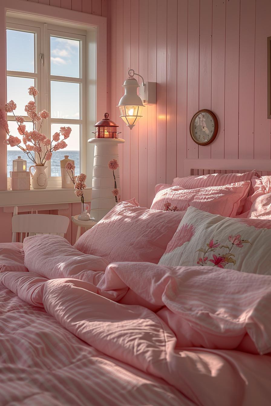 15 dreamy pink coastal bedroom ideas: beach & aesthetics 44 15. Lighthouse-inspired coastal pink decor-2