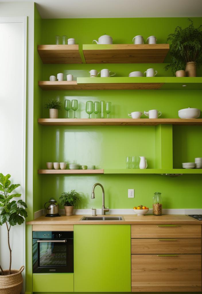 29 atemberaubende grüne Küchenschrank Ideen: üppig, von Natur aus inspirierte Farbtöne 15 8. Lime Green & Wood Regale-1