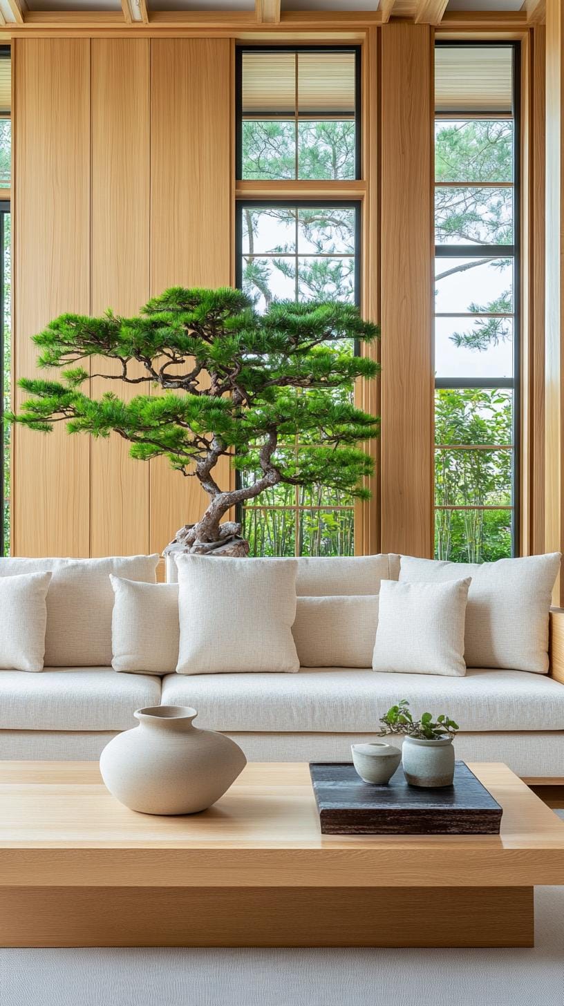 15 new Japandi living room ideas that you love 20 7. Low profile Solid Oak Furnure with Ikebana Arrangement Centerpiece-1