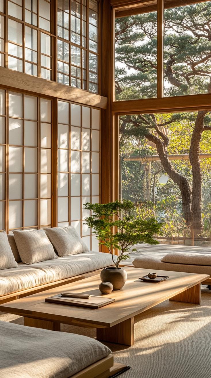 15 new Japandi living room ideas that you love 21 7. Low profile Solid Oak Furniture with Ikebana Arrangement Centerpiece-2