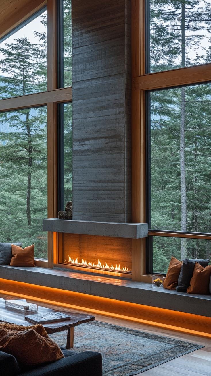 20 breathtaking mid-century modern fireplace-Makeover ideas 23 8. Low profiled horizontal fireplace under expansive window views-0