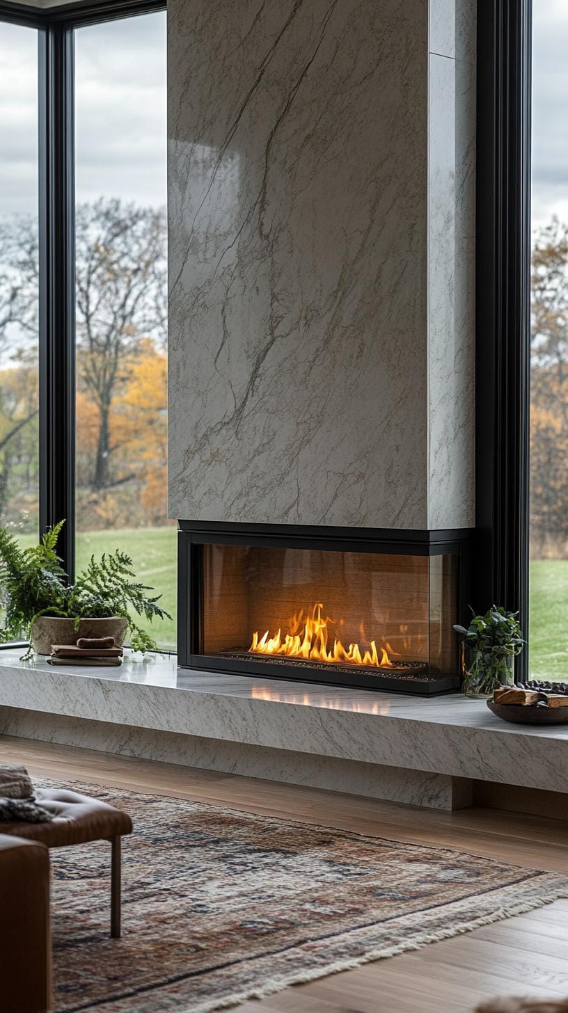 20 breathtaking mid-century modern fireplace-Makeover ideas 24 24 8. Lower profiled horizontal fireplace under expansive window view 1