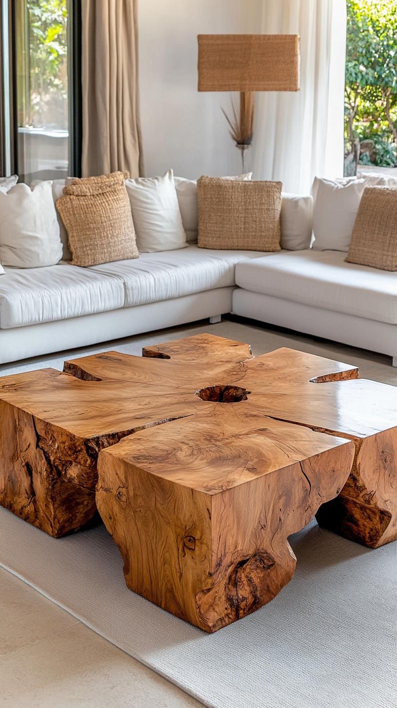21 Cozy organic modern living room ideas for copying 6 2. Low-profile wood coffee with natural live edge-edge 0