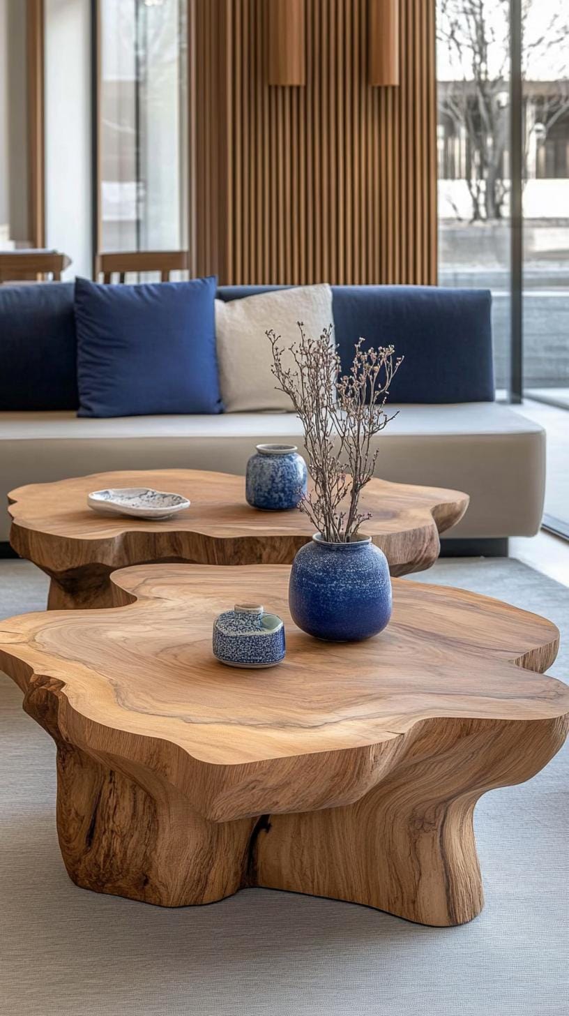 21 Cozy organic modern living room ideas for copying 7 2. Low-profile wood coffee with natural live edge-1