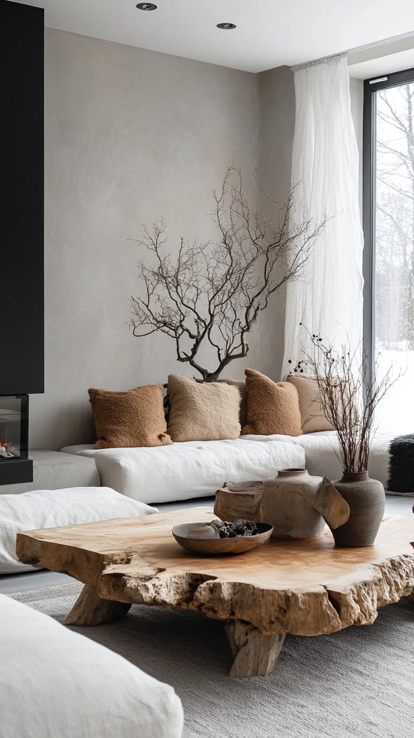 21 Cozy organic modern living room ideas for copying 8 2. Low-profile wood coffee with natural live edge-2