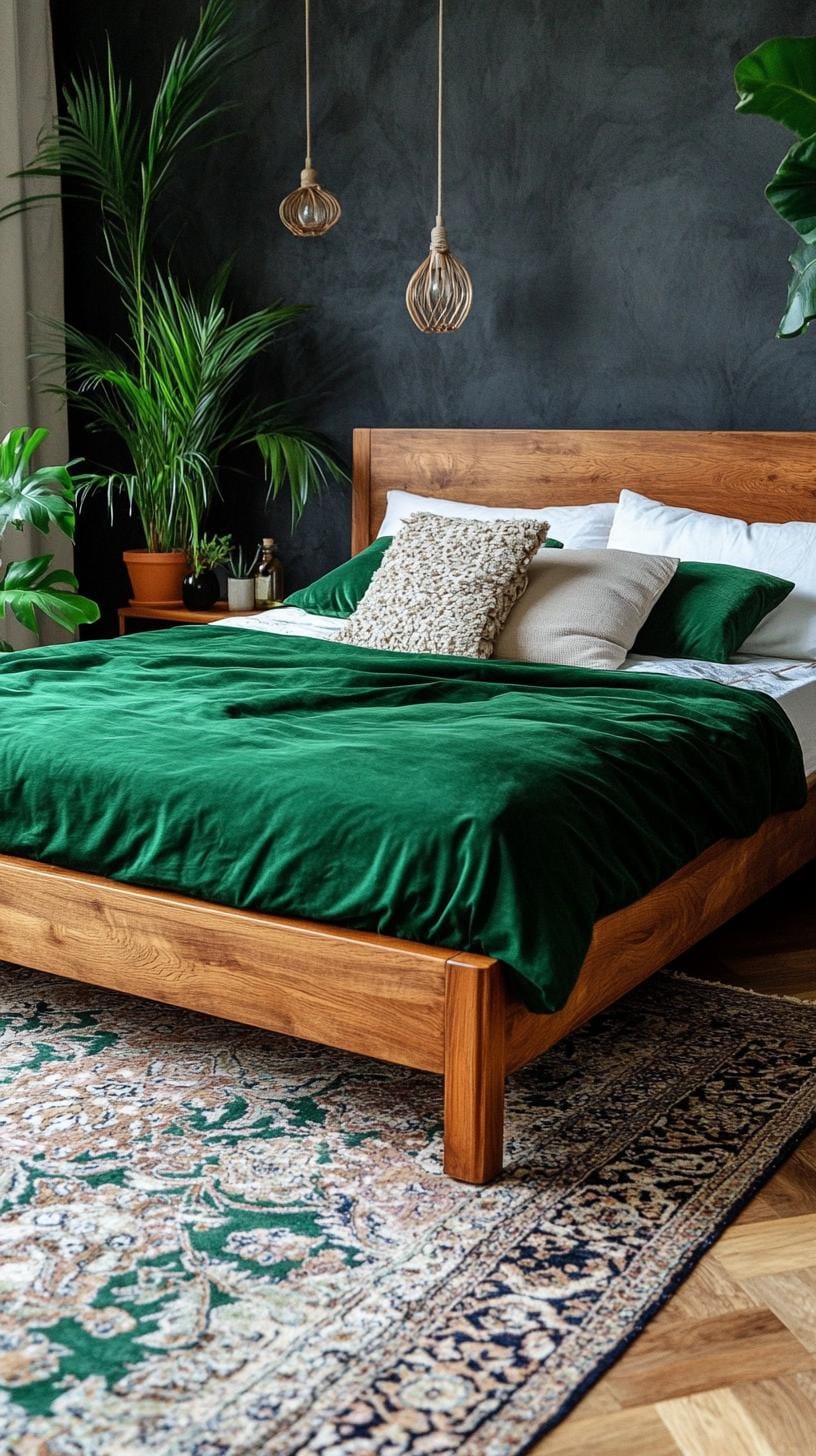 23 Recherent atmospheric Boho bedroom ideas for copying 41 14. Low wood bed frame with patterned carpet and green bed linen-0