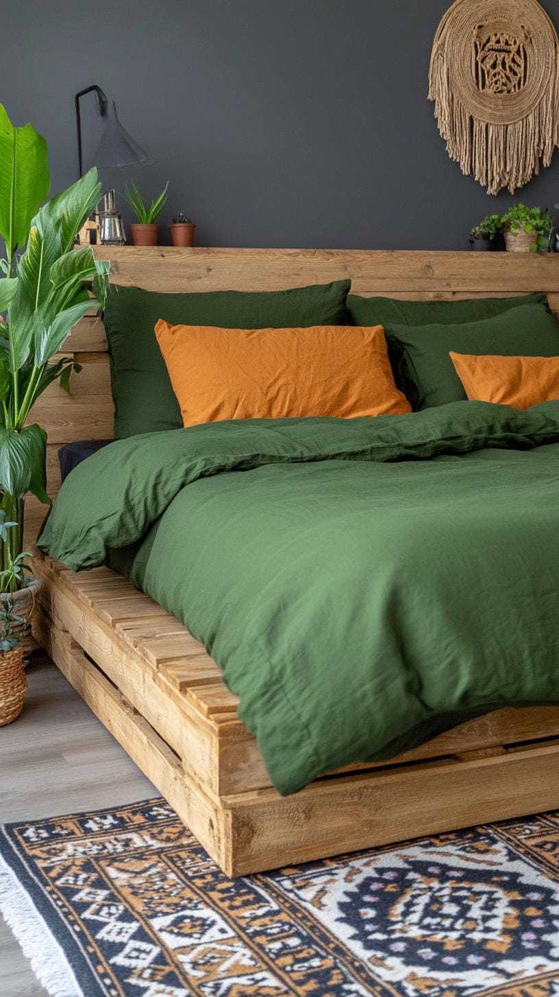 23 Atmospheric Boho bedroom ideas for copying 42 14. Low wood bed frame with patterned carpet and green bed linen-1