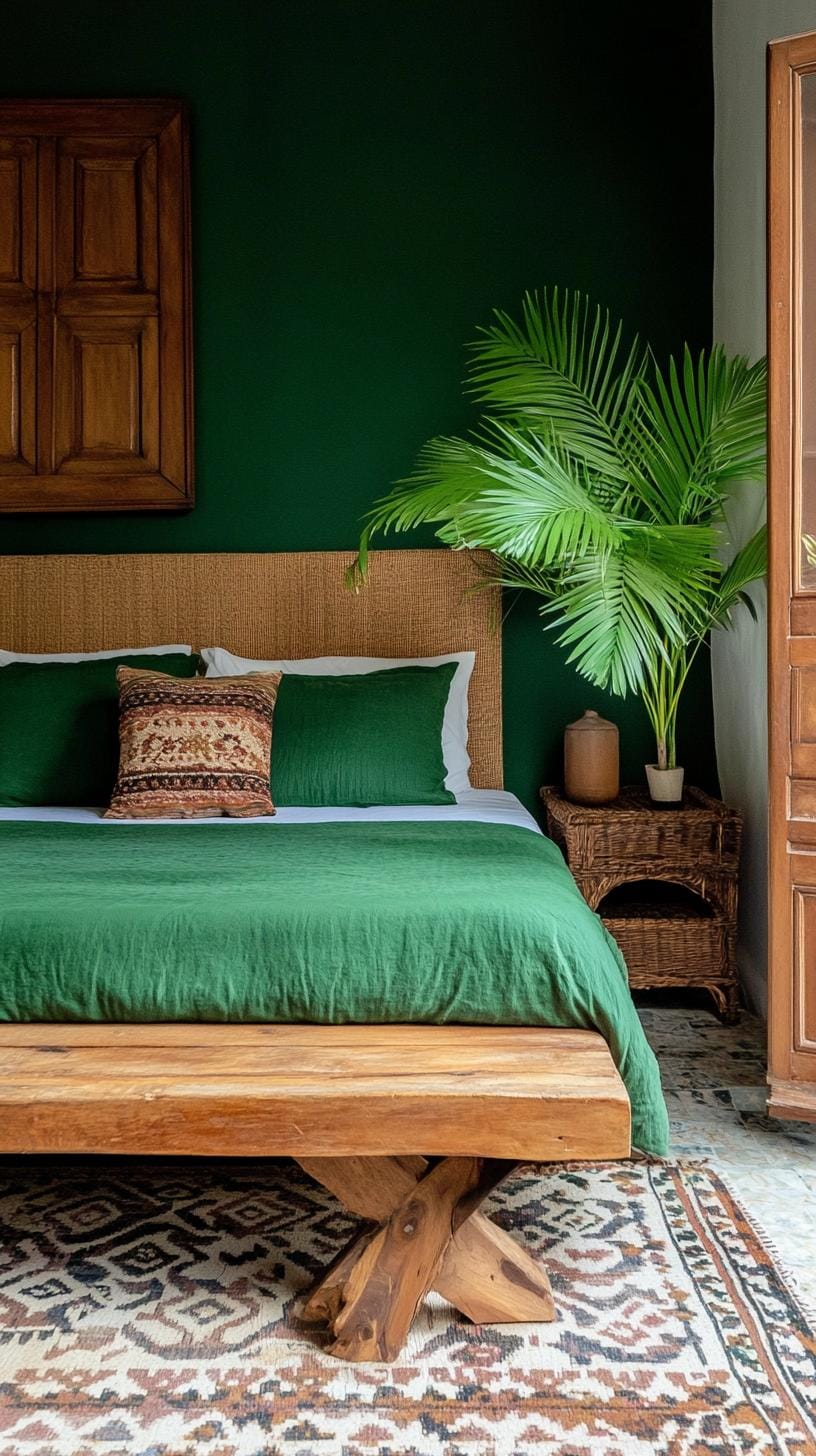 23 Atmospheric Boho bedroom ideas for copying 43 14. Low wood bed frame with patterned carpet and green bed linen-2