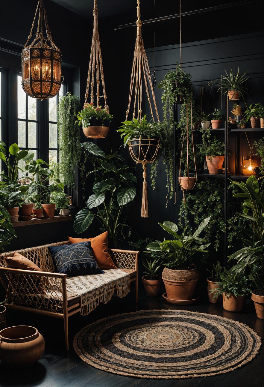 35 Gorgeous Dark Boho Living Room Inspirations 58 35. Lush Dark Boho Living Room-0
