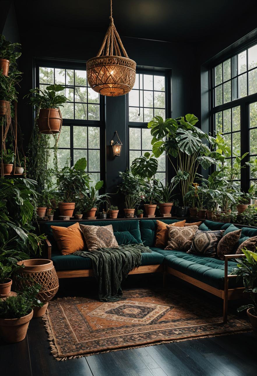 35 Gorgeous Dark Boho Living Room Inspirations 59 35. Lush Dark Boho Living Room-1