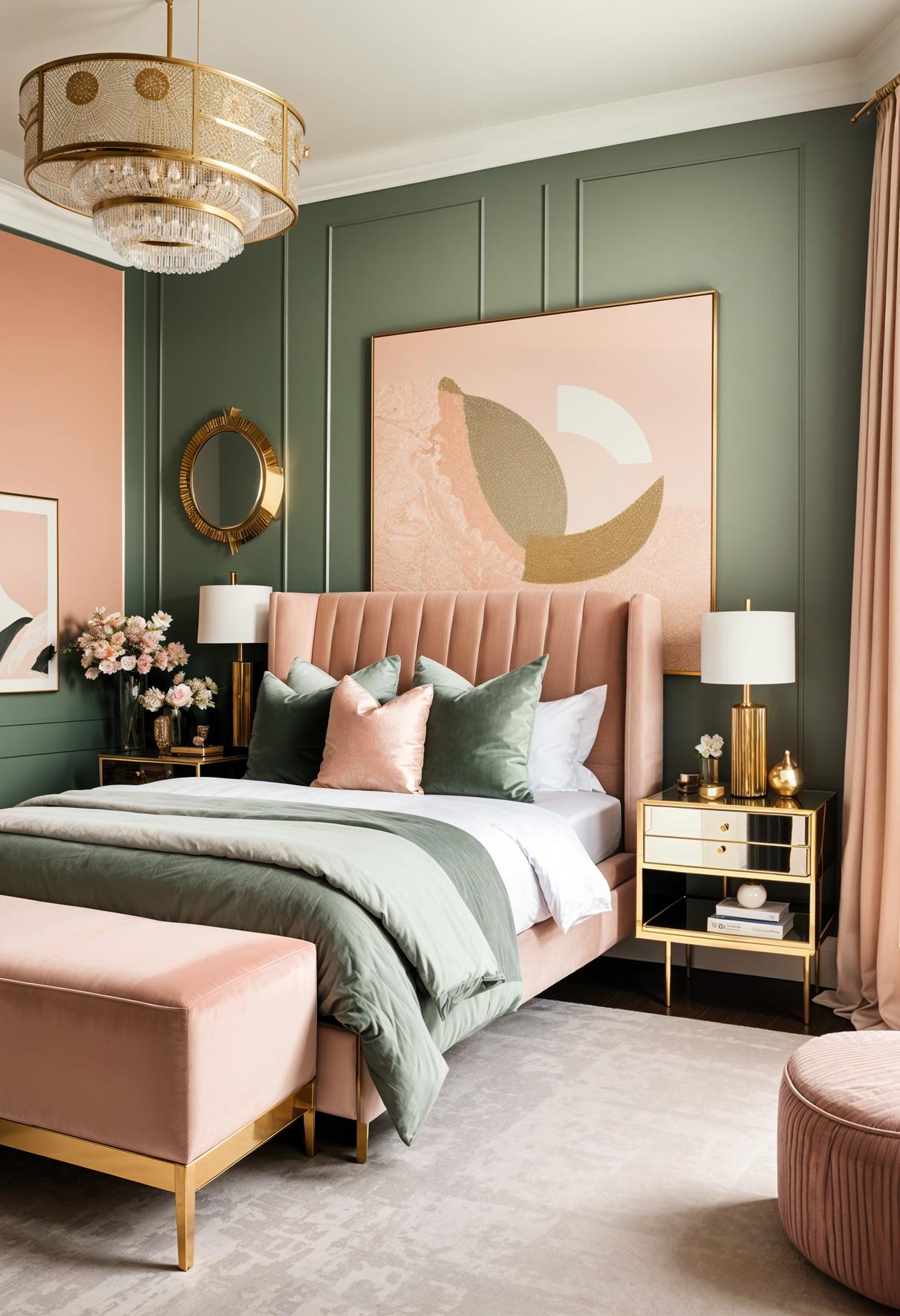 30 Chic Sage Green and Blush Bedroom Ideas 19 9. Luxe Art-Deco Sage & Blush-0