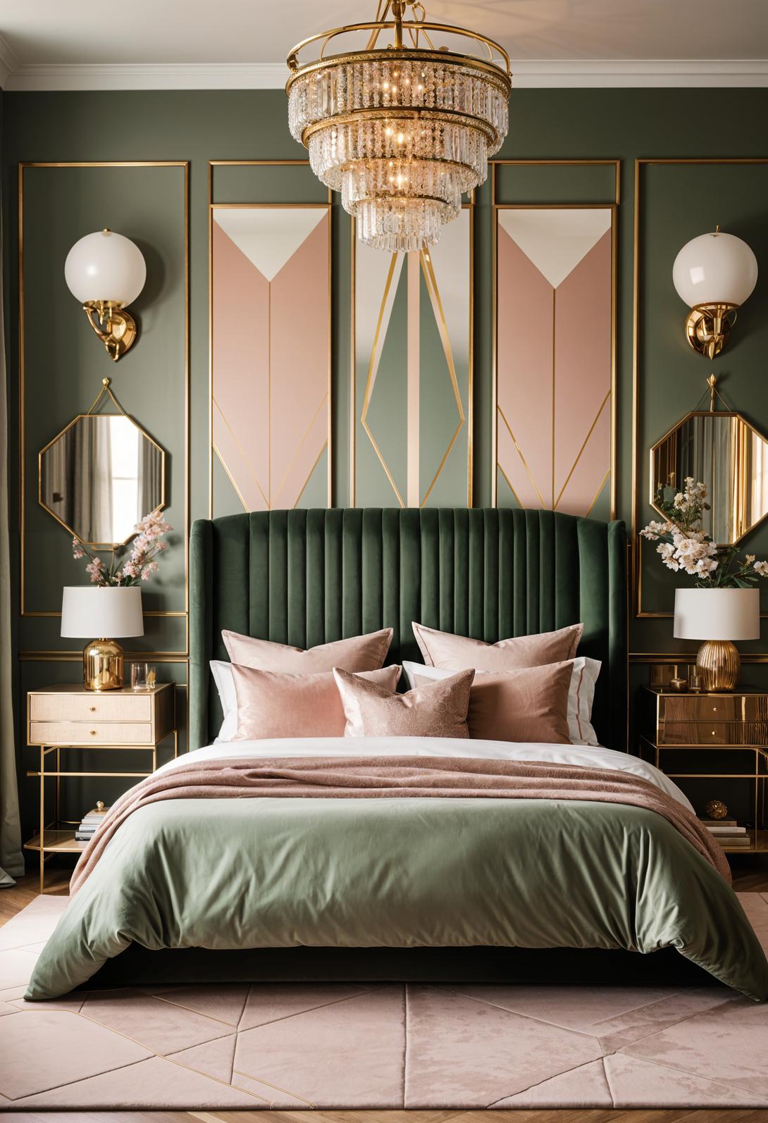 30 Chic Sage Green and Blush Bedroom Ideas 21 9. Luxe Art-Deco Sage & Blush-2
