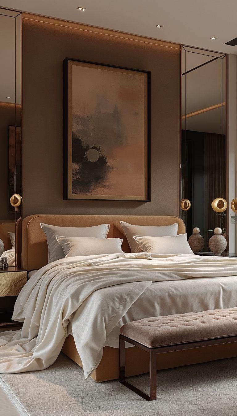 21 modern bedroom ideas for your 2025 makeover 18 5. Luxe modern with plush fabrics, courageous works of art and mirror surface-0