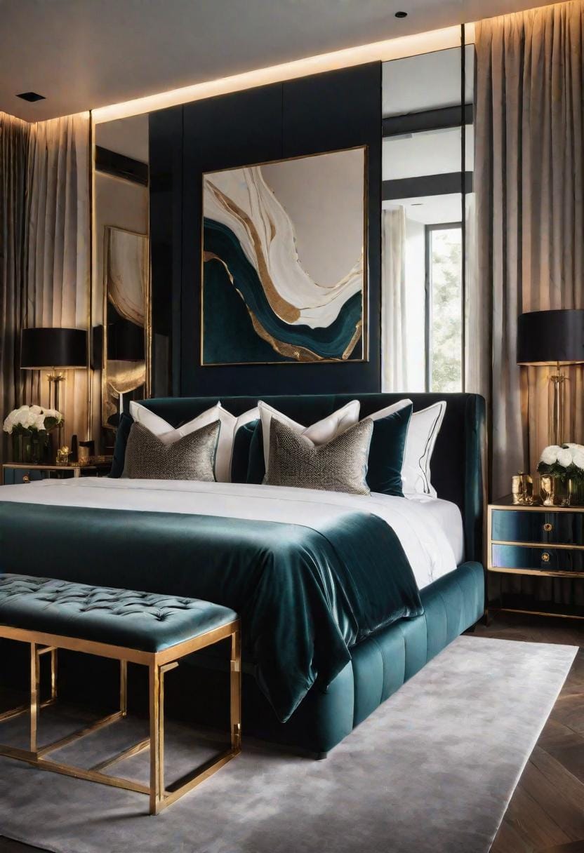 21 modern bedroom ideas for your 2025 makeover 19 5. Luxe modern with plush fabrics, brave works of art and mirror surface-1