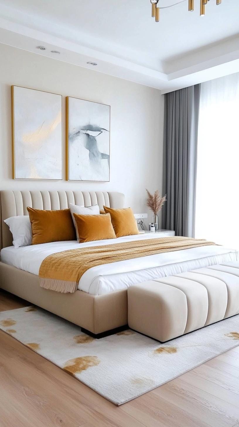 21 modern bedroom ideas for your 2025 makeover 20 5. Luxe modern with plush fabrics, courageous works of art and mirror surface-2