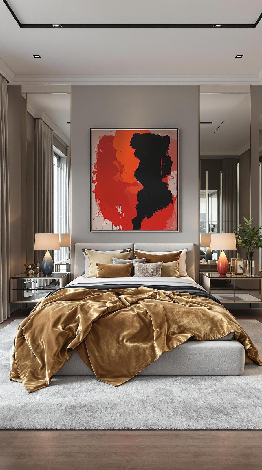 21 modern bedroom ideas for your 2025 makeover 21 5. Luxe modern with plush fabrics, courageous works of art and mirror surface-3